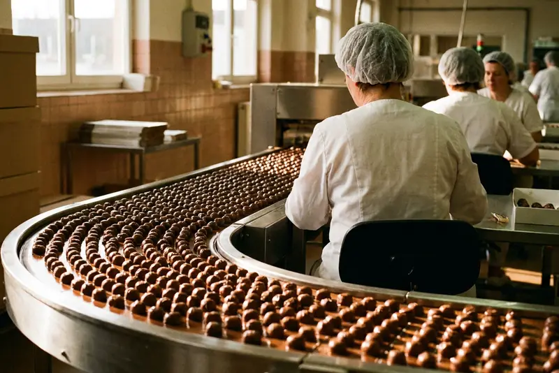 Illustration : bonbons de chocolat sur un tapis d'enrobage, dans une chocolaterie industrielle, une opératrice de dos.