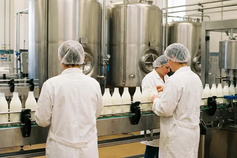 Deux opérateurs de dos devant une ligne de conditionnement de bouteilles de lait, dans une laiterie.