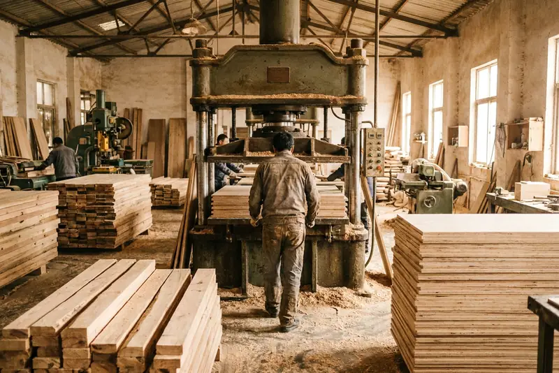 Un opérateur de dos devant une presse de panneaux de bois, dans un atelier de fabrication de meubles.