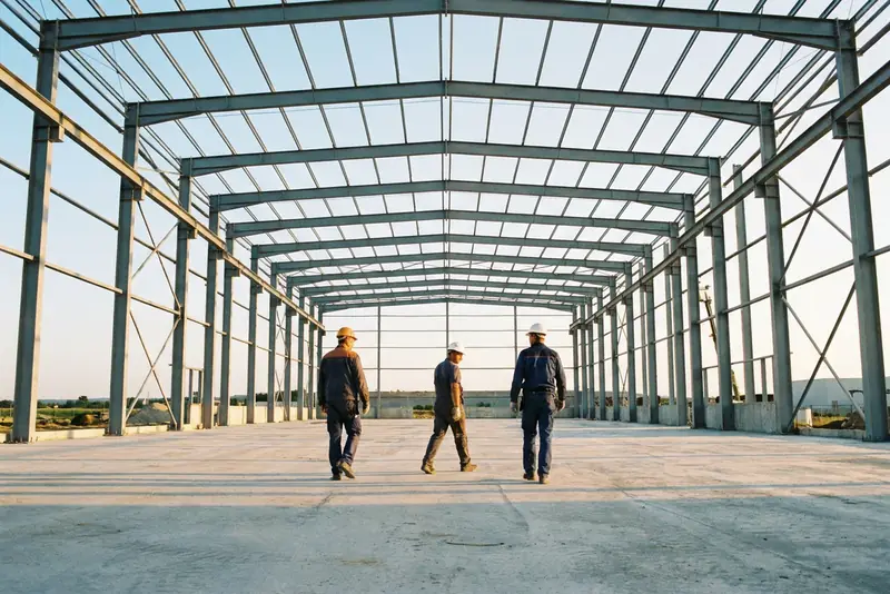 Trois personnes de dos sur la dalle d'un hall industriel en construction, ossature d'acier, ciel clair.