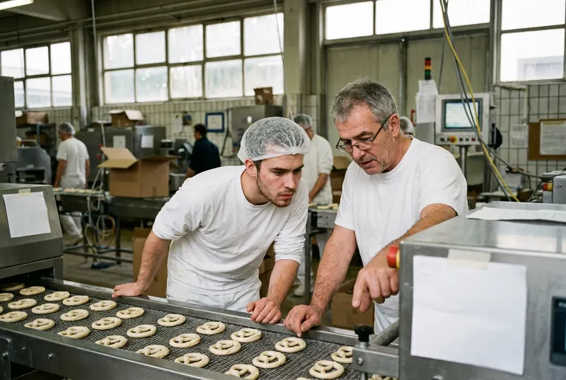 Apprenti et opérateur sur une ligne de production de bretzels dans une usine agroalimentaire.