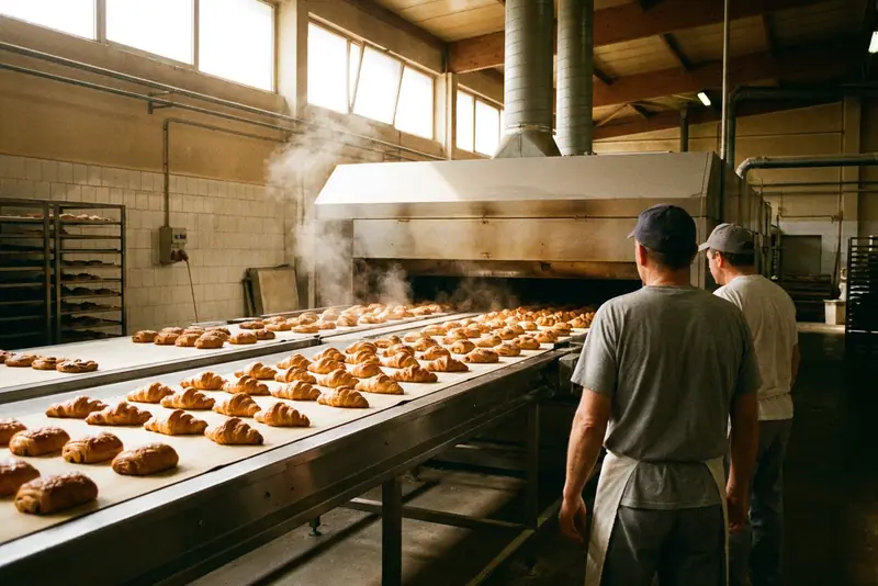 Deux personnes de dos devant un four tunnel de viennoiseries, dans une boulangerie industrielle.