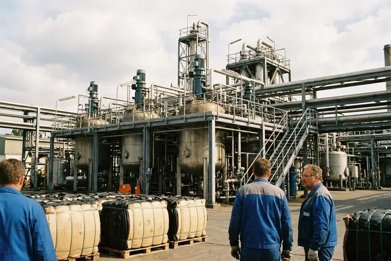 Illustration : réacteurs, passerelles et tuyauteries d'une usine de caoutchouc synthétique, avec des balles emballées sur palettes.