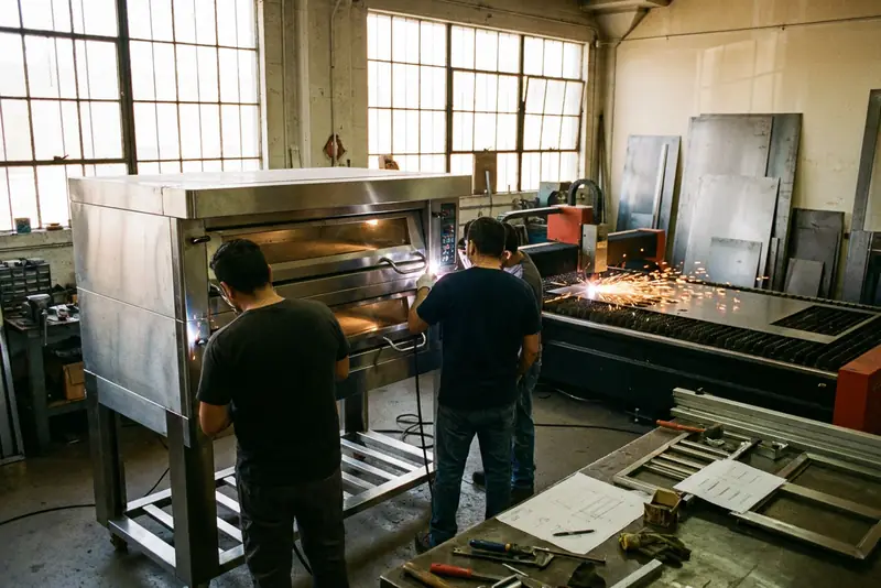 Illustration : four de boulangerie à soles en acier inoxydable en cours d'assemblage, une machine de découpe laser en arrière-plan.