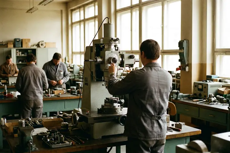 Un technicien de dos réglant un instrument de laboratoire, dans un atelier d'assemblage scientifique.