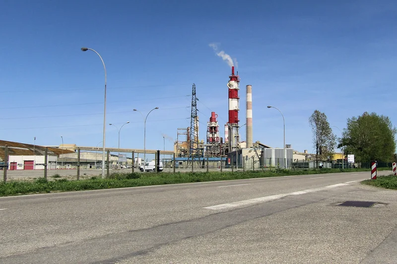 La plateforme chimique de Chalampé : cheminées rouges et blanches et panache de fumée le long d'une route, en avril 2024.
