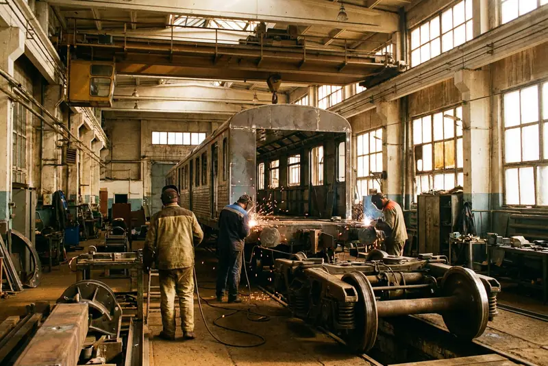Soudeurs de dos autour d'une caisse de rame posée sur des bogies, dans un hall d'assemblage ferroviaire.