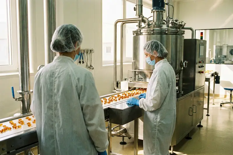 Deux opérateurs de dos devant une ligne de gélules molles, dans un atelier pharmaceutique.