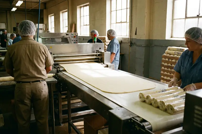 Illustration : nappe de pâte à tarte étalée sur un convoyeur en inox et rouleaux de pâte prête à dérouler conditionnés.