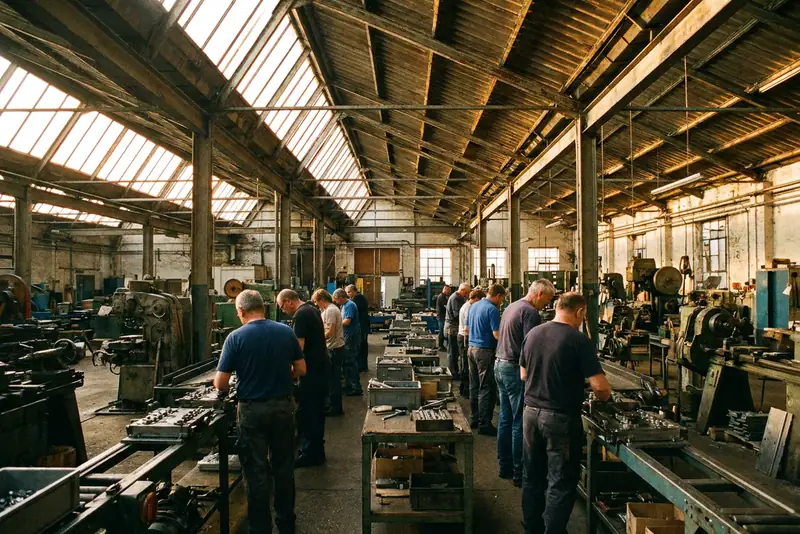Vue large d'un atelier industriel, lignes de production et personnes vues de loin, sous une toiture en dents de scie.