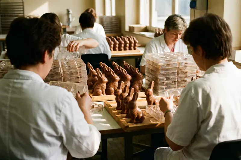 Illustration : lapins de Pâques creux en chocolat au lait alignés sur un plateau à côté de moules transparents empilés.