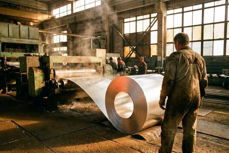 Opérateur de dos devant un laminoir, une large bobine de tôle d'aluminium sortant des cylindres.