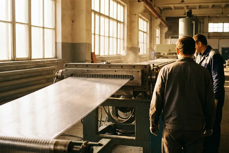 Opérateurs de dos devant une filière d'extrusion, une nappe de plaques alvéolaires en plastique en sort.