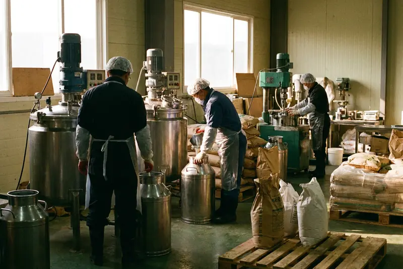 Opérateurs de dos devant des cuves, au remplissage de bidons dans un atelier de formulation agricole.