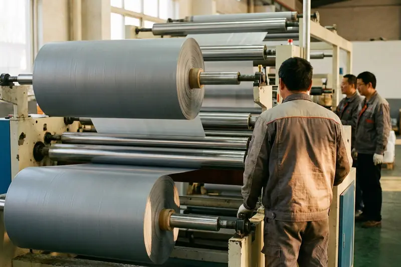 Illustration : grandes bobines de membrane grise en polyéthylène sur une ligne d'extrusion pour séparateurs de batteries.