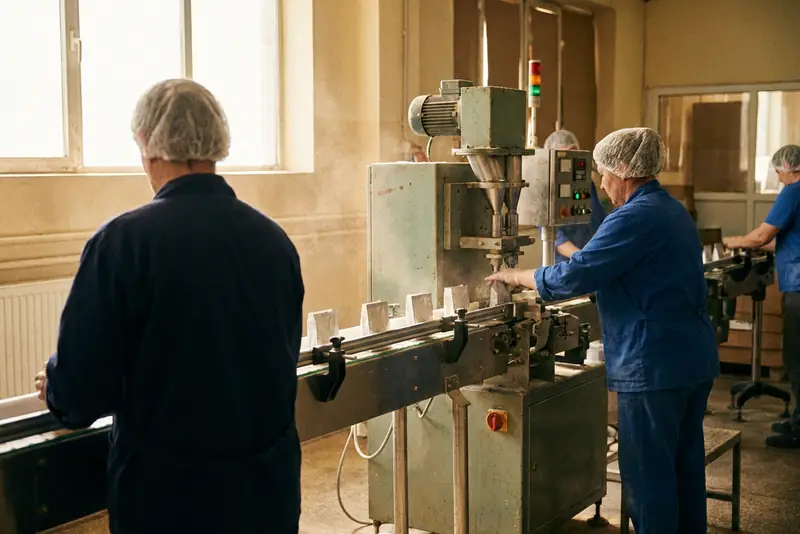 Illustration : sachets de préparation pour desserts remplis et scellés sur une ligne automatique, sans aucune marque visible.