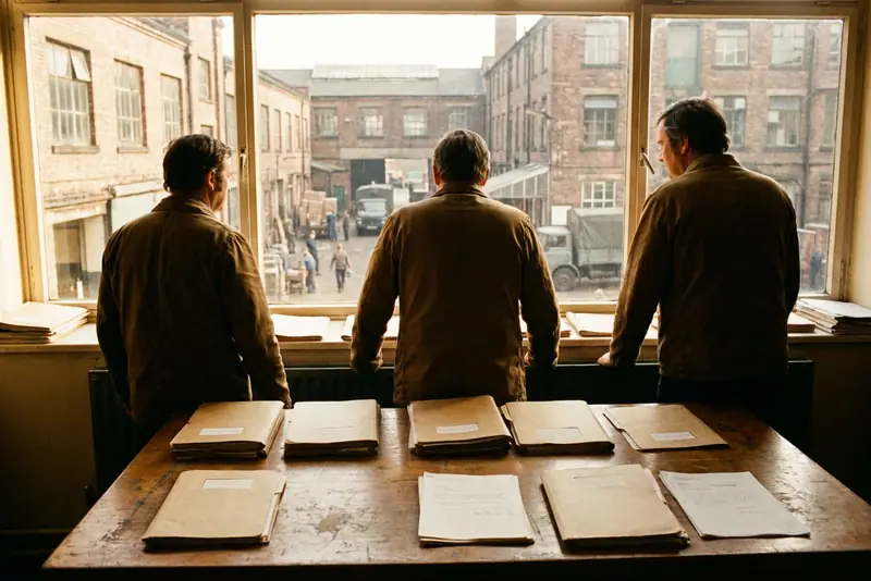 Trois personnes de dos autour d'une table, dossiers fermés, dans un bureau qui donne sur une usine.