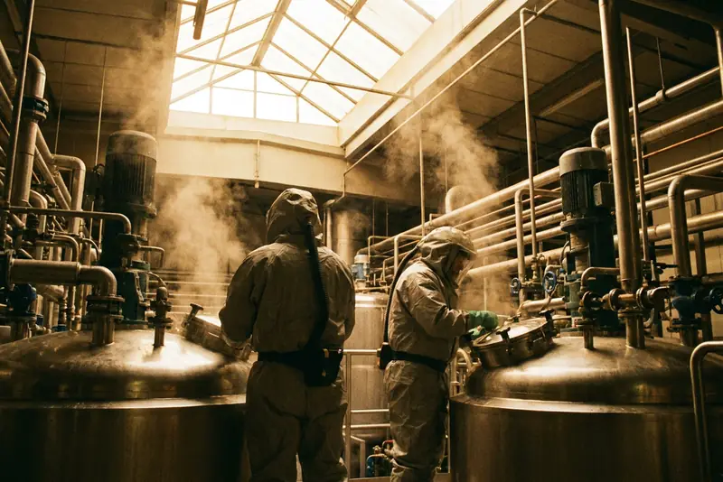 Deux opérateurs de dos entre des cuves et des tuyauteries, dans une salle de production chimique.