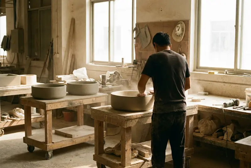 Un opérateur de dos ponçant des vasques sanitaires sur un chariot, dans un atelier de finition.