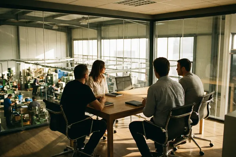 Quatre personnes de dos en réunion dans un bureau vitré qui donne sur un atelier industriel.