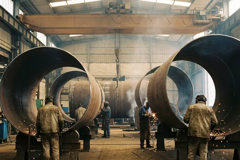 Soudeurs de dos autour de grandes viroles d'acier, sous un pont roulant dans une chaudronnerie.