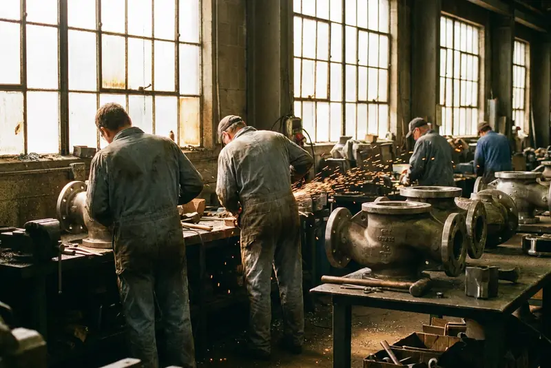 Opérateurs de dos devant des corps de vannes industrielles posés sur des établis d'atelier.