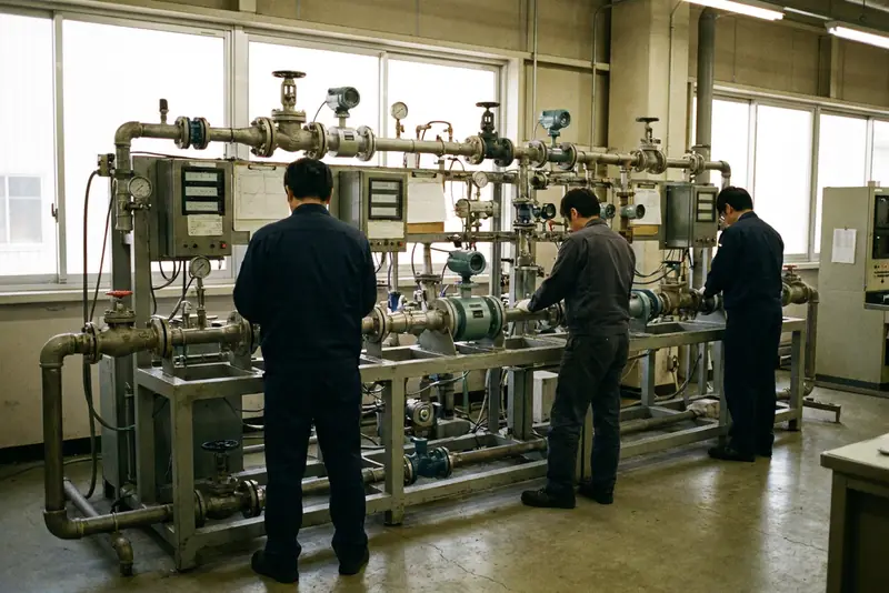 Techniciens de dos devant un banc d'étalonnage de débitmètres et de capteurs industriels.