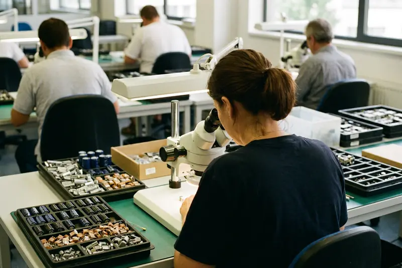 Illustration : technicienne de dos assemblant des condensateurs et des capteurs sous une loupe binoculaire, dans un atelier propre.