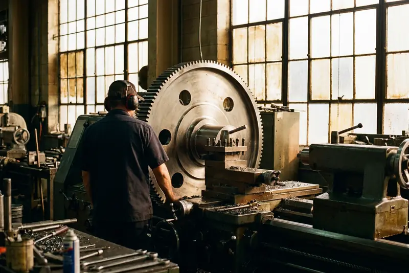 Un opérateur de dos devant un grand engrenage sur une machine d'usinage, dans un atelier.