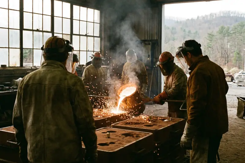 Illustration : coulée d'aluminium en fusion dans des moules, ouvriers de dos en tenue de protection, collines boisées dehors.
