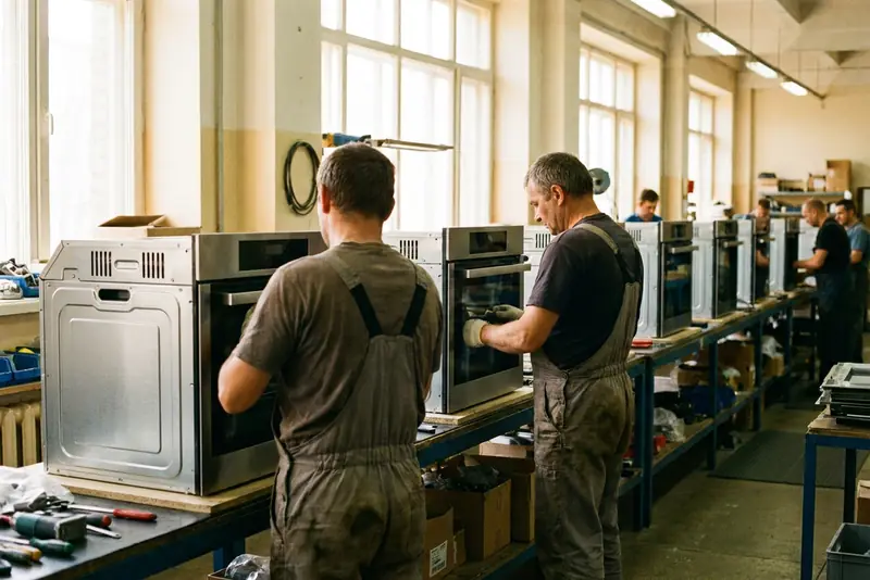 Deux monteurs de dos assemblant des fours en inox sur une ligne, dans un atelier électroménager.