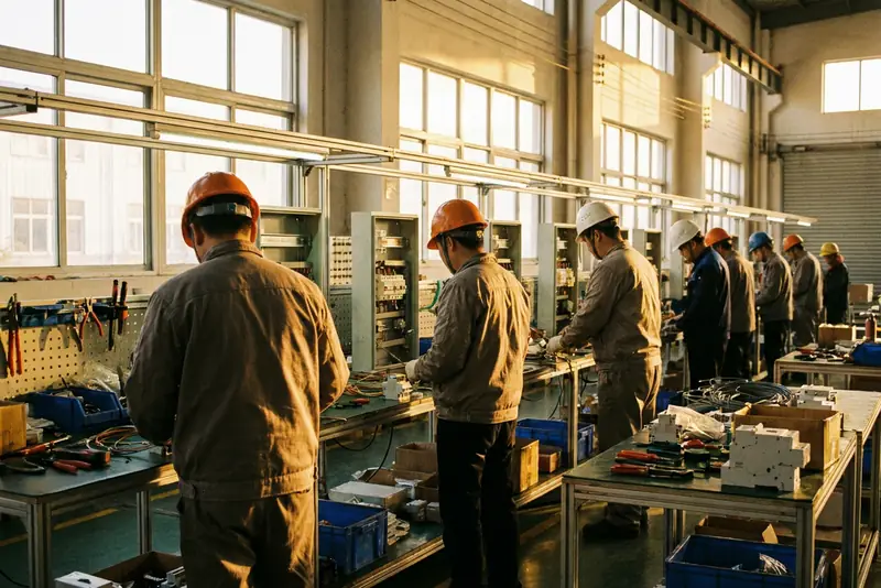 Opérateurs de dos sur une ligne d'assemblage de disjoncteurs modulaires et de tableaux électriques.
