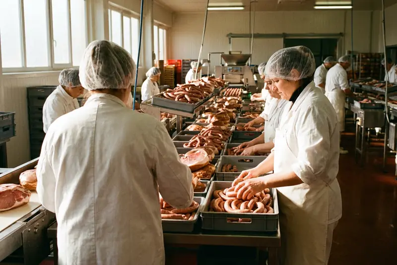 Opérateurs de dos en blouse devant une ligne de saucisses et de jambons conditionnés en barquettes.