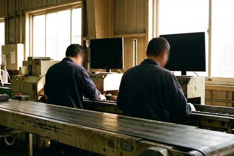 Deux opérateurs de dos le long d'un convoyeur, écrans flous sans texte, dans un atelier moderne.