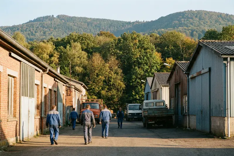 Illustration : bâtiments industriels sobres et camions dans une zone d'activités au pied des Vosges du Nord, forêt en automne.