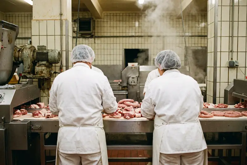 Deux personnes de dos en tenue blanche devant une ligne de charcuterie, dans une usine.
