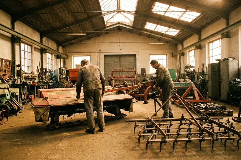 Deux monteurs de dos assemblant une faucheuse agricole dans un grand hall d'atelier.