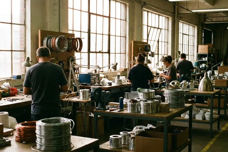 Opérateurs de dos à des postes de câblage, dans un atelier de montage de lampes et de luminaires.