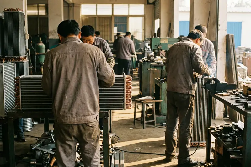 Opérateurs de dos devant des faisceaux d'ailettes, dans un atelier d'échangeurs thermiques pour véhicules.