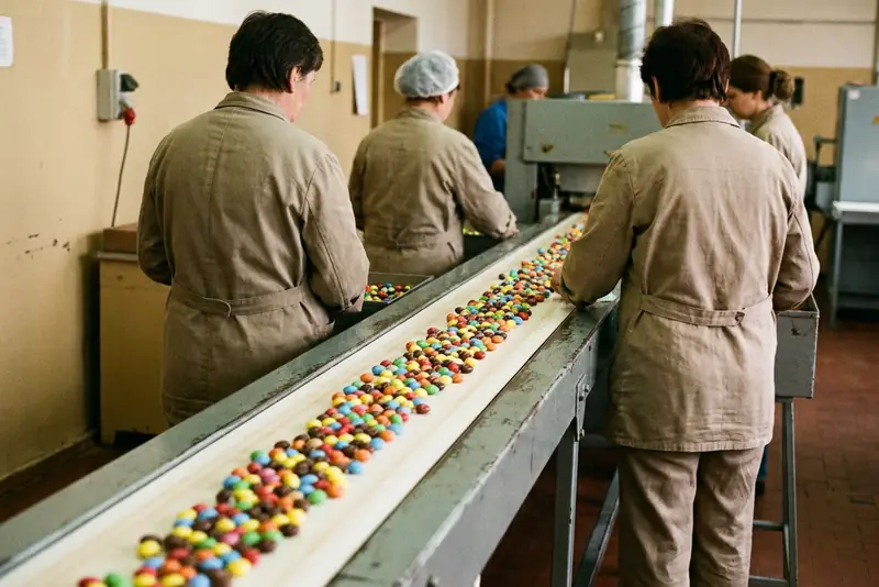 Opérateurs de dos le long d'un convoyeur de dragées de chocolat colorées, dans un atelier agroalimentaire.