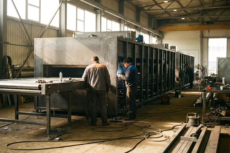 Techniciens de dos montant une ligne de fours tunnels destinée à la boulangerie industrielle.