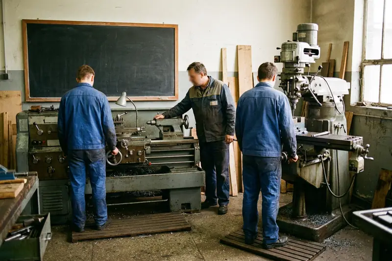 Deux apprentis de dos devant un tour et une fraiseuse, avec un formateur, dans un atelier d'apprentissage.