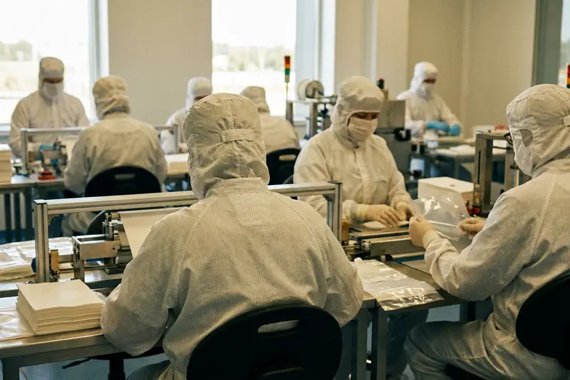 Techniciennes de dos en salle blanche, devant des membranes de filtration et des poches souples stériles.
