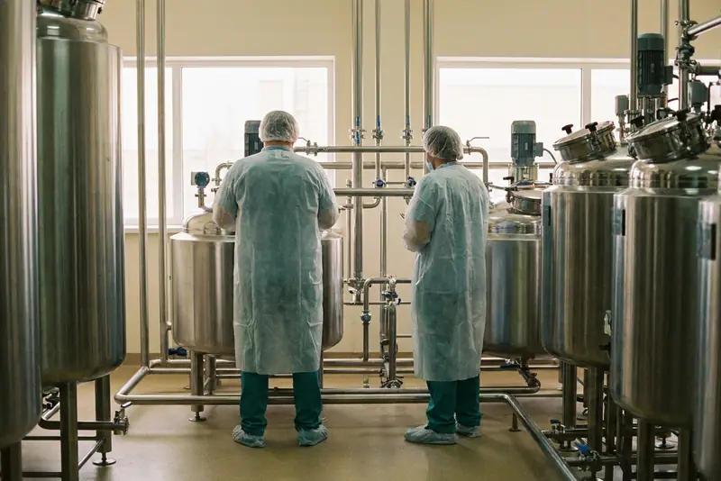 Deux opérateurs de dos entre des cuves inox, dans une salle de fractionnement pharmaceutique.