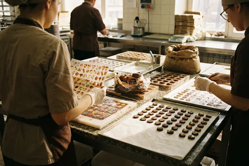 Illustration : feuilles transfert imprimées et petits décors en chocolat colorés manipulés par des mains gantées sur des plaques.