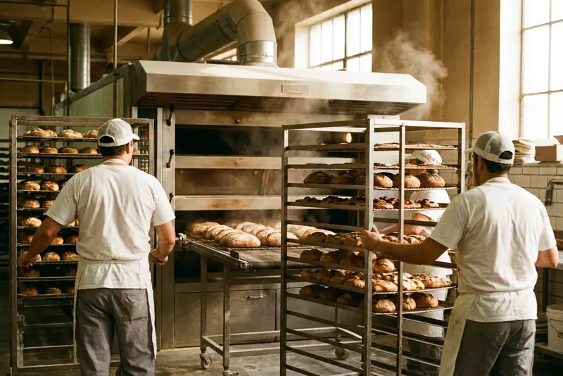 Boulangers de dos devant des pains et des viennoiseries sortant d'un four tunnel industriel.