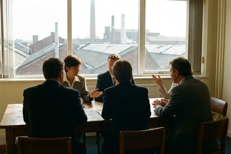 Cinq personnes de dos autour d'une table, baie vitrée sur des toits d'usine, dans une salle de conseil.