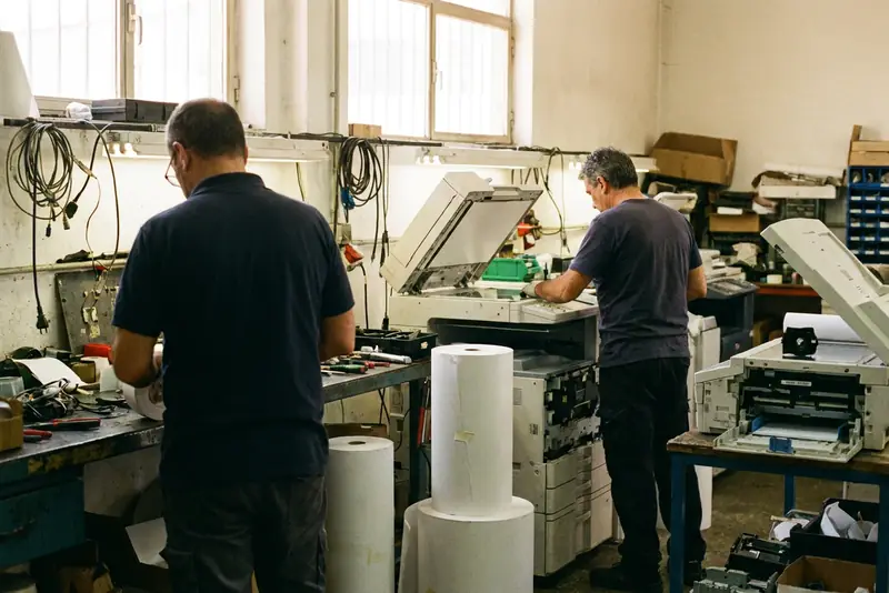 Techniciens de dos dans un atelier de remise à neuf de copieurs, près de bobines de papier thermique.