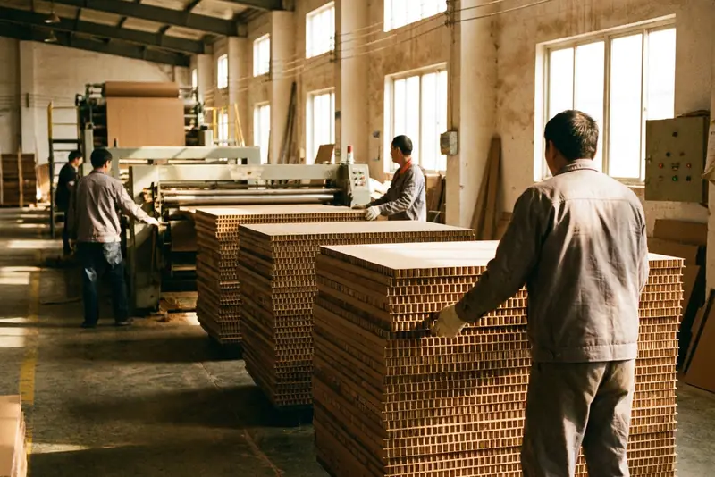 Opérateurs de dos le long d'une ligne de carton alvéolaire, plaques en nid d'abeille empilées.