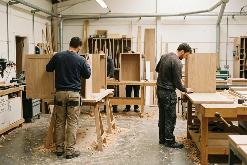 Menuisiers de dos devant des caissons, des façades et des plans de travail dans un atelier de cuisines.